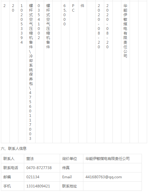 能伊敏煤電公司電廠活塞式空氣壓縮機(jī)等公開詢價(jià)