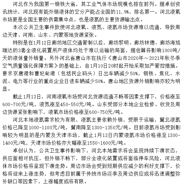 河北運(yùn)輸受阻 周邊工業(yè)氣體市場價格上漲